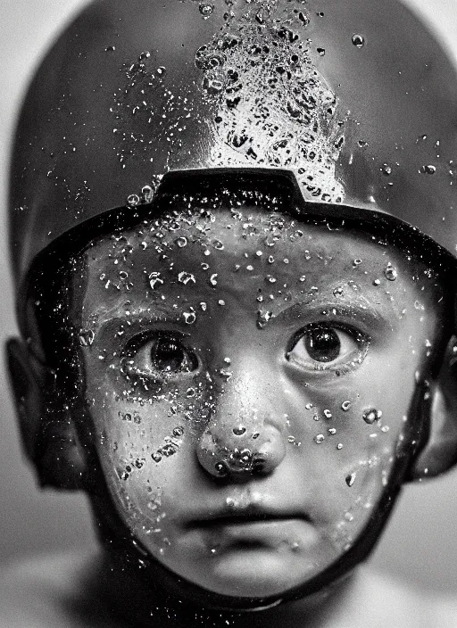 Image similar to beautiful extreme closeup portrait of a young girl fully submerged ecxept of the top of his head, horrified look in his eyes, water reflection, in style of frontiers in helmet motoracing dirt Helmets of Emperor Charles V, highly detailed, soft lighting, elegant,sigma 85mm, Edward Hopper and James Gilleard, Zdzislaw Beksinski, Steven Outram, highly detailed