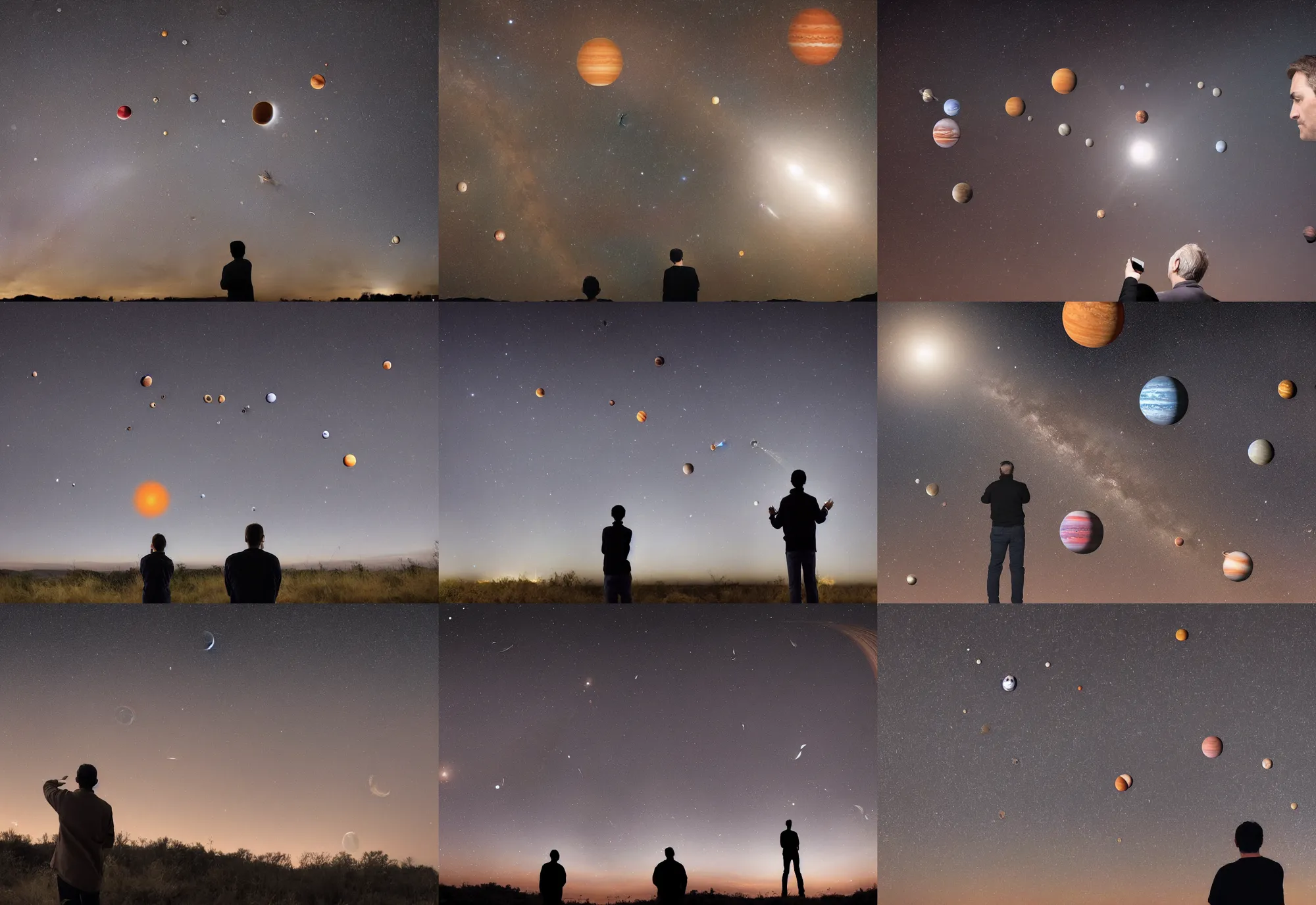 Prompt: man looking at the detailed pattern of many planets on the dark sky