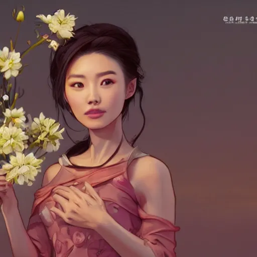 Prompt: portrait of hong jin - young, 홍진영, smiling with flowers in hands. sharp focus, cinematic pose, cinematic lighting, unreal engine render. art by josan gonzales and moebius and deathburger.