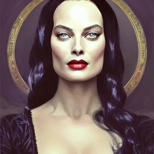 Image similar to margot robbie as morticia addams, masterpiece, intricate, elegant, highly detailed, digital painting, artstation, concept art, smooth, sharp focus, illustration, art by artgerm and greg rutkowski and alphonse mucha and uang guangjian and gil elvgren and sachin teng, symmetry!!