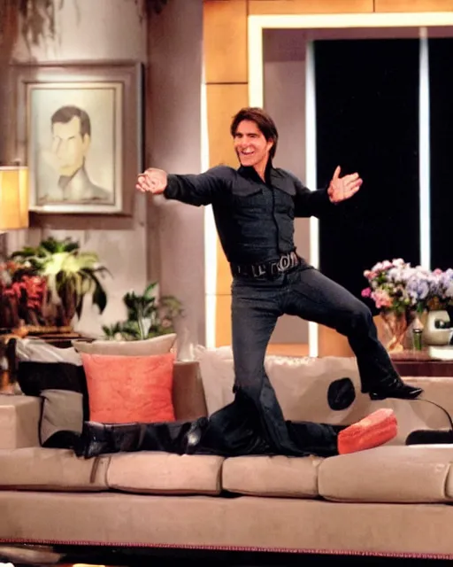 Prompt: tom cruise, dressed as maverick, jumps on oprah's couch during an episode of the oprah winfrey show while wearing a jet pack, hyperreal