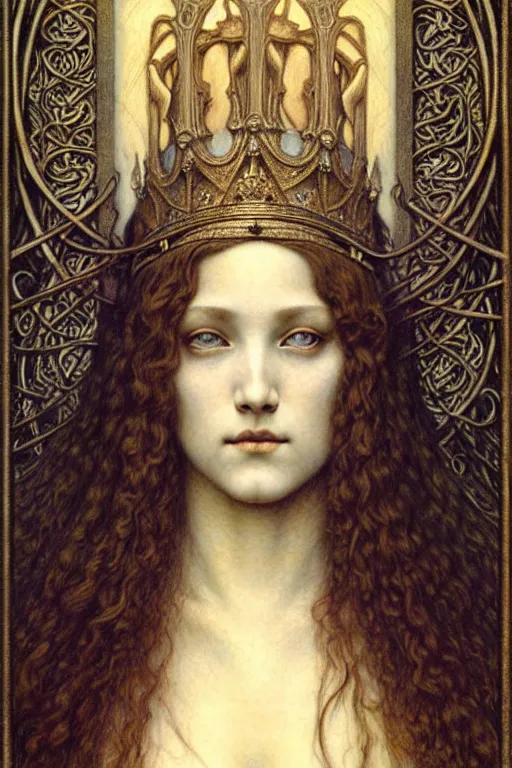 Image similar to detailed realistic beautiful young medieval queen face portrait by jean delville, gustave dore and marco mazzoni, art nouveau, symbolist, visionary, gothic, pre - raphaelite. horizontal symmetry