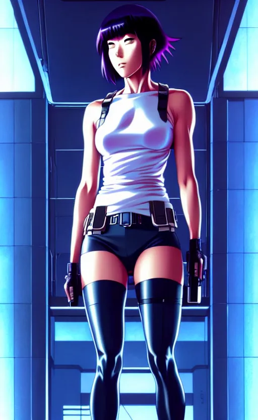 Image similar to a fullbody portrait of motoko kusanagi the major ghost in the shell : : stand alone complex, under repairs, maintenance : : by ilya kuvshinov, rossdraws, artgerm, sola digital arts, anti aliasing, raytracing : :