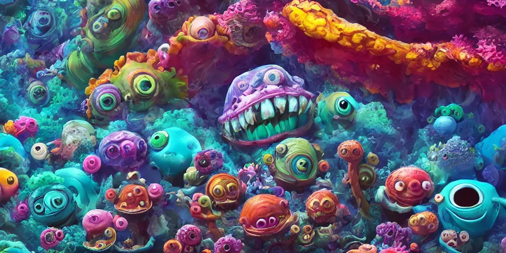 Image similar to of a colorful deep sea under water with strange cute friendly happy creatures with huge eyes, mouth, long tongue and round teeth appearing from sandy coral, in the style of gehry and gaudi, macro lens, shallow depth of field, ultra detailed, digital painting, trending artstation, concept art, illustration, cinematic lighting, photorealism, epic, octane render