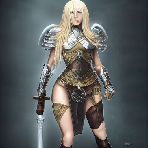 Prompt: full picture of blonde female warrior ,high fantasy, claymore, trending on artstation, arstationhd, HD
