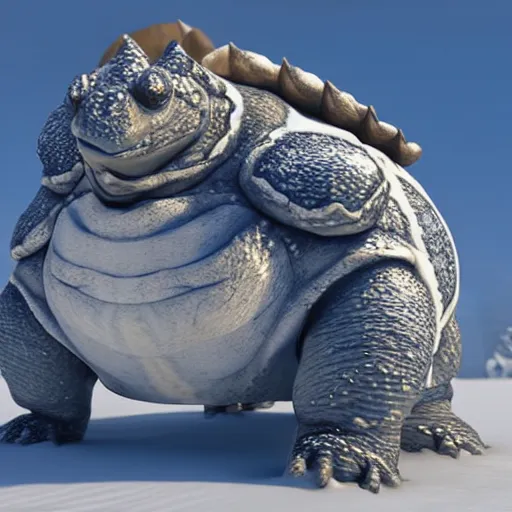 Image similar to highly realistic 3 d rendering of blastoise covered in snow and ice, unreal engine 5, volumetric lighting