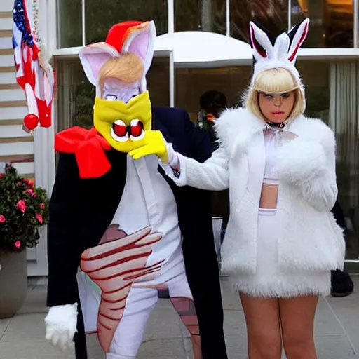 Image similar to paparazzi photo Donald Trump cosplay as Bugs Bunny! spying on children at a birthday party, high quality, good lighting, masterpiece, beautiful beautiful beautiful beautiful beautiful