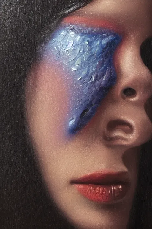 Image similar to hyperrealism oil painting, close - up portrait of face from a tangle of snakes fashion model, knight, steel gradient mixed with nebula sky, in style of baroque