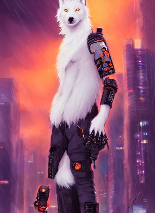 Image similar to award winning beautiful portrait commission of a male furry anthro albino wolf fursona with a tail and a cute beautiful attractive detailed furry face wearing stylish black and orange cyberpunk biker clothes in a cyberpunk city at night while it rains. Character design by charlie bowater, ross tran, artgerm, and makoto shinkai, detailed, inked, western comic book art