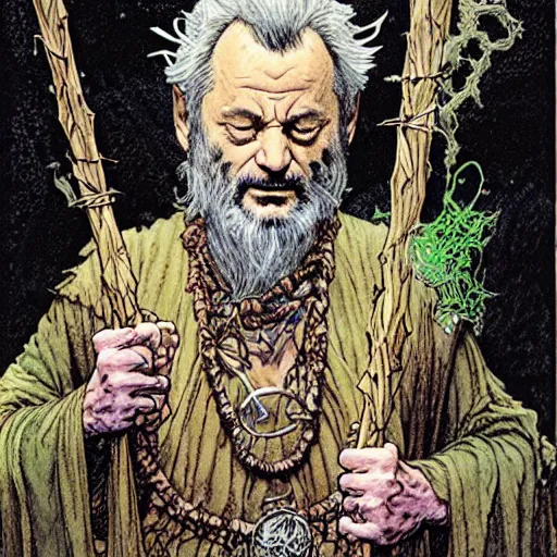 Image similar to a realistic and atmospheric high fantasy portrait of bill murray as a mystical druidic warrior wizard doing an arcane pagan ritual by rebecca guay, michael kaluta, charles vess and jean moebius giraud