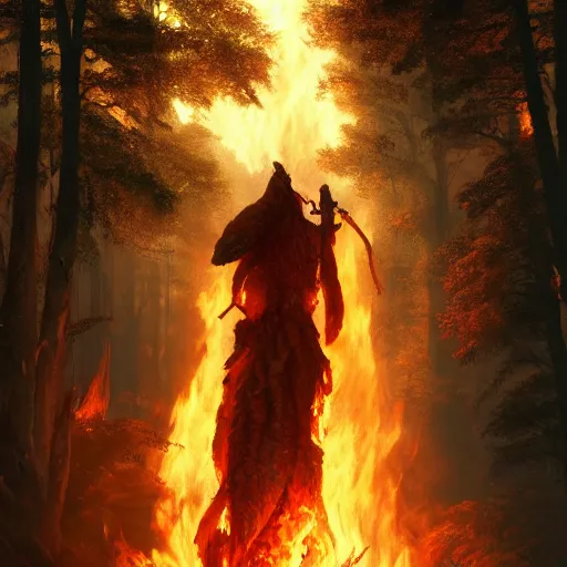 Prompt: dead forest, fire person with scales, standing on a fallen tree, fire from mouth, breathing fire, by Greg Rutkowski, trending on artstation, unreal engine, 4k, high quality render, digital art