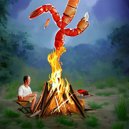 Image similar to tom hanks as forrest gump holding a giant shrimp skewer over a campfire in the jungle, amazing digital art, trending on artstation