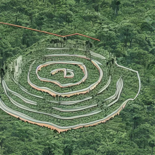 Image similar to a illustration of an architectural plan view of a labyrinth of the deforestation in amazona crisis