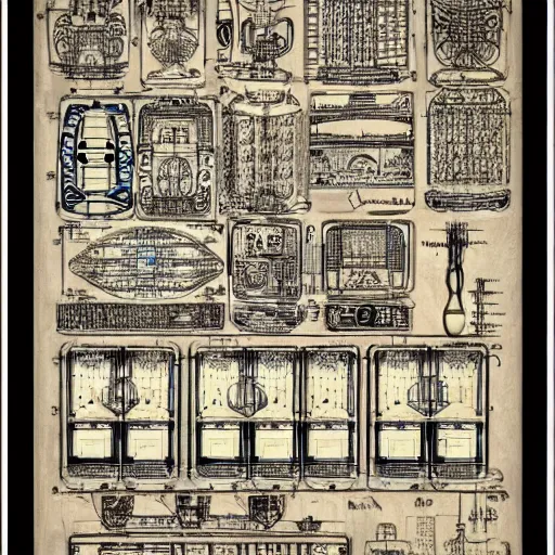 Image similar to schematic blueprint of highly detailed ornate filigreed convoluted ornamented elaborate cybernetic medical equipment, art by da vinci