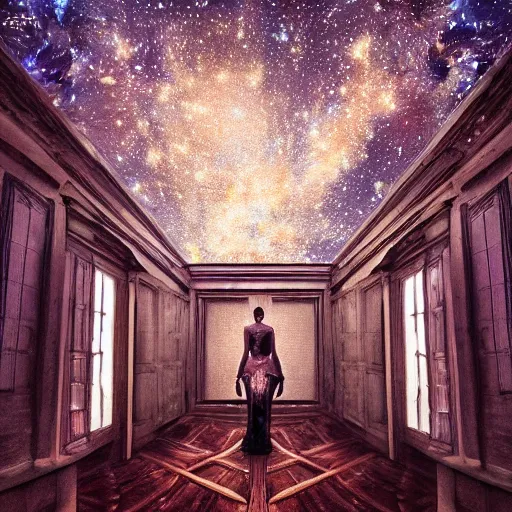 Prompt: a room made of mirrors and stars, mystical, first person pov, realistic fantasy photography
