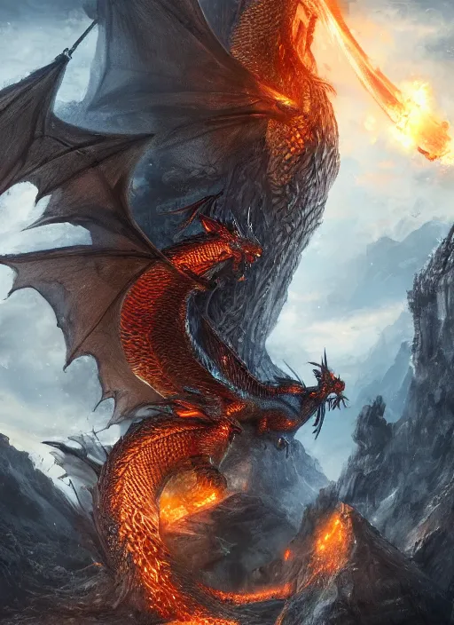 Image similar to fire dragon attacking a wizard's tower, highly detailed, 4 k, hdr, award - winning, directed by zack snyder, trending on art station, matte