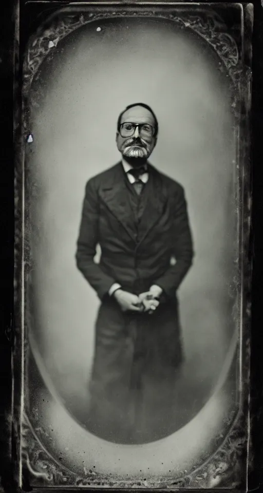 Image similar to a wet plate photograph, a portrait of a scientist