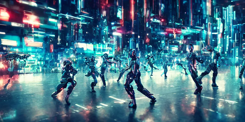 Prompt: Cyberpunk android chrome Robots running in a dramatic movie scene with dynamic dancer movements and motion blur and bokeh, shot on imax, cinematic scene, cinematographic composition, CineStill 800T Film