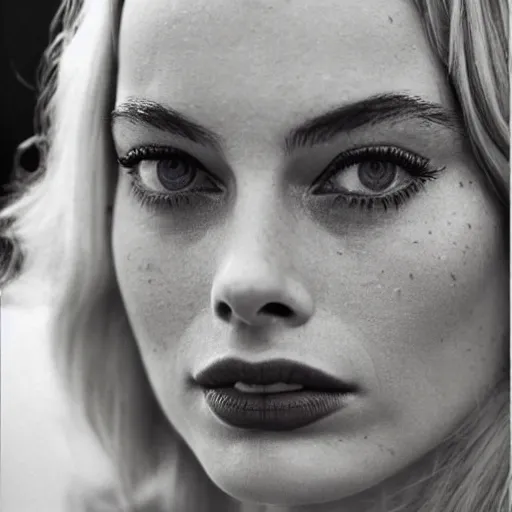 Image similar to photo of margot robbie, full platinum blond, pale skin, freckle, by diane arbus, realistic, high detail, high quality, trending on pinteresst