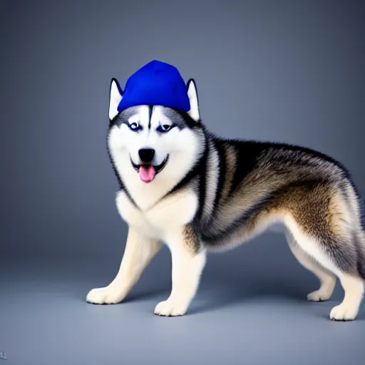 Image similar to a studio photo of a husky wearing a blue cap,photorealistic,professional photography,focus,depth of field,hyperdetailed,studio lighting,3 point lighting,detailed face,cute