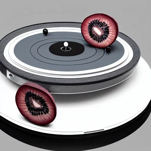 Image similar to a funny turntable with flat circle kiwi slice on top, a low poly render by tim biskup, featured on polycount, computer art, sketchfab, rendered in maya, 4 k, hyperrealistic textures
