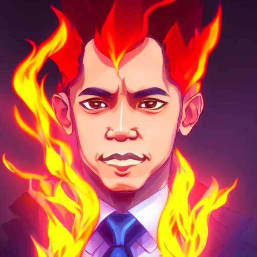 Image similar to portrait of obama the president king of flames aura mode, anime fantasy illustration by tomoyuki yamasaki, kyoto studio, madhouse, ufotable, square enix, cinematic lighting, trending on artstation