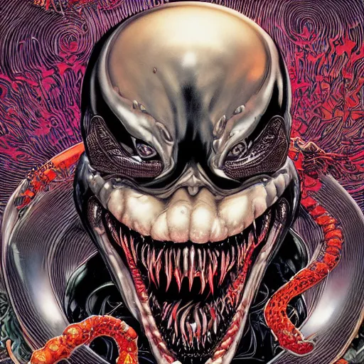 Image similar to portrait of crazy venom, symmetrical, by yoichi hatakenaka, masamune shirow, josan gonzales and dan mumford, ayami kojima, takato yamamoto, barclay shaw, karol bak, yukito kishiro