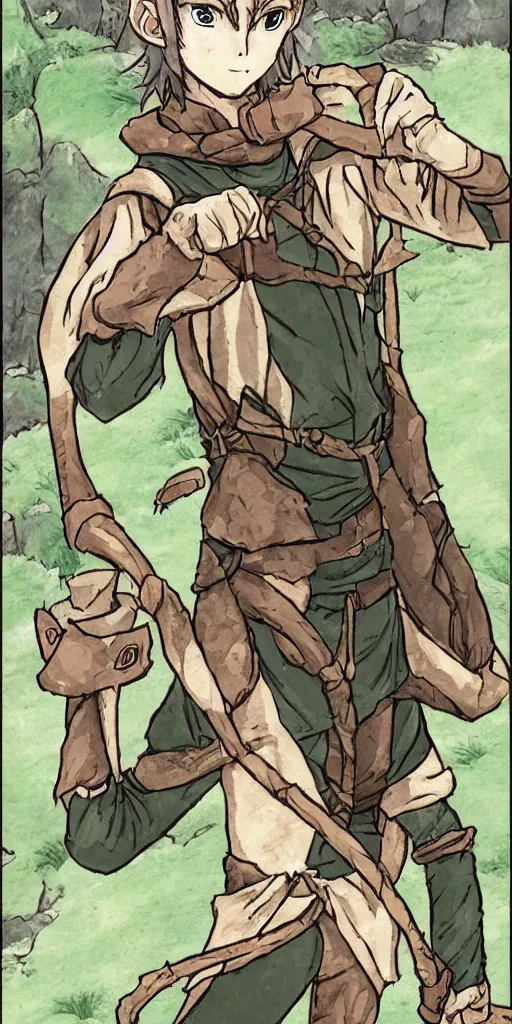 Image similar to an wood elf boy getting ready for an high fantasy adventure on the mountain side, anime style, tarot card,