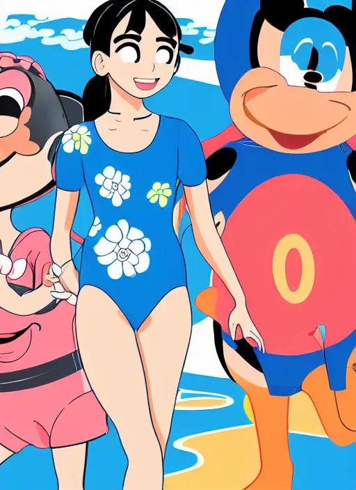 Image similar to a perfect professional digital sketch of a funny and cute Japanese young woman wearing one-piece sport swimsuit leotard, in style of Disney Pixar, CalArts