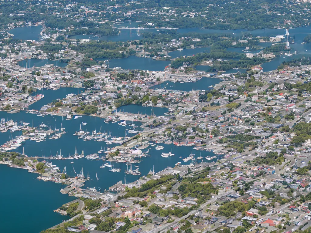 Image similar to bird's eye view photo of a small city with shops, shipping dock harbor, and beach to the south. a bridge crosses a big lake, with a town hall, marketplace, and towers to the north. there is a field in the middle of the city. small hills and woods north of the city