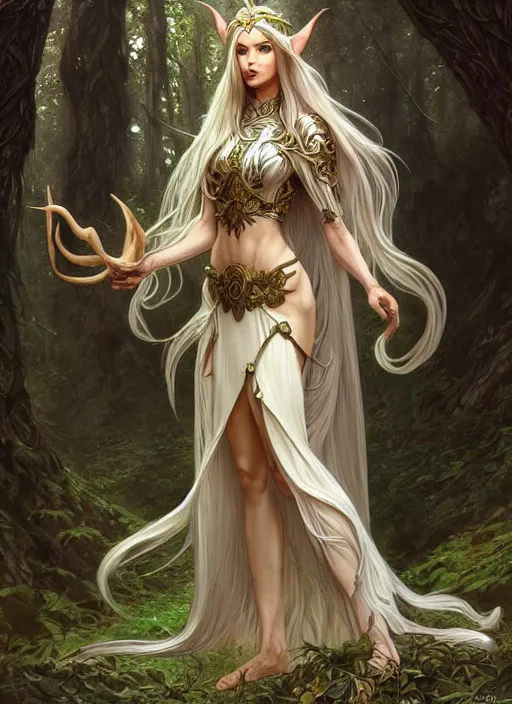 Prompt: full body of a fantasy elf female sorceress queen with long hair flowing in an ancient forest filled with magic, highly detailed, digital painting, artstation, smooth, sharp focus, illustration, art by artgerm and greg rutkowski and alphonse mucha, intricate dress, fine