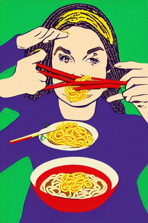 Image similar to a girl eating ramen in the style of modern pop art