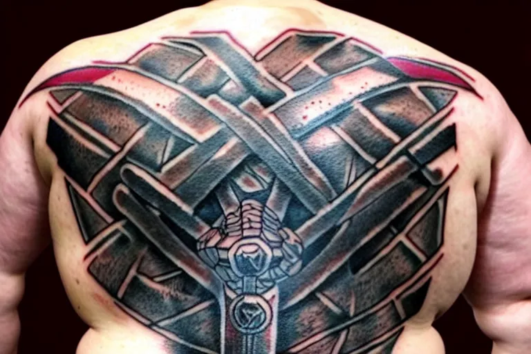 Prompt: ugly amateur tattoo of Mjölnir on a chubby middle-aged man's back