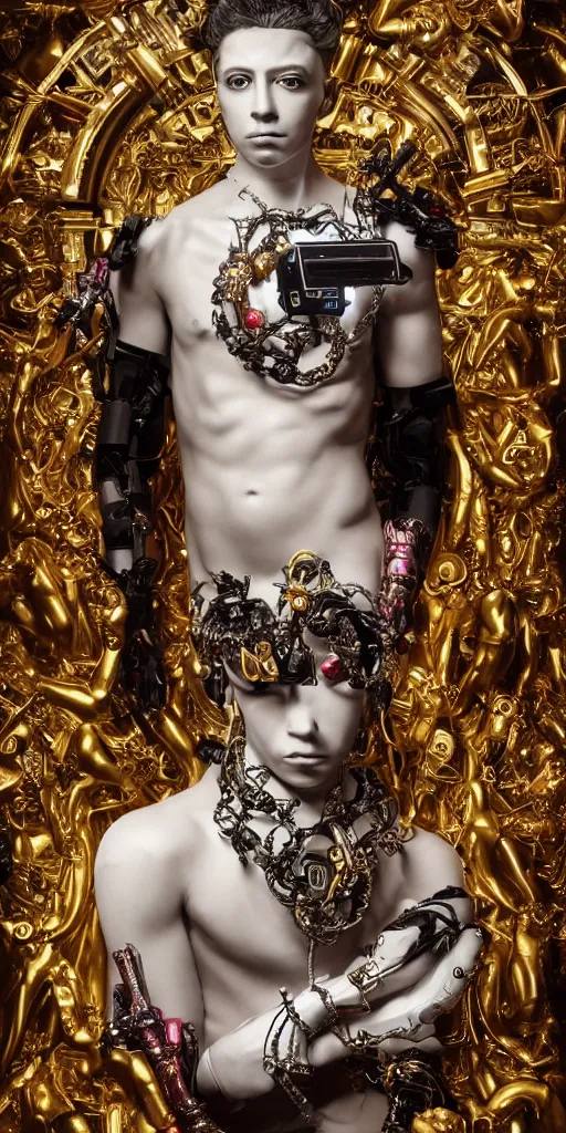 Image similar to baroque and cyberpunk style full-body sculpture of a young seductive Hispanic prince half android with a chest exposing a glowing ruby battery with porcelain arms posed like a model, glowing gold laser eyes, crown of white gears and sparkling diamonds, swirling white-colored silk fabric, robot dinosaurs. modern elements. reflective surfaces. intricate artwork by caravaggio. art by Artgerm and Alphonse Mucha, Trending on artstation, cinematic industrial lighting, photorealistic, octane render, 8k, depth of field, 3D