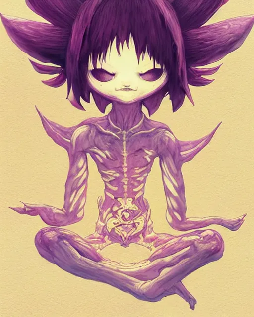 Image similar to a tiny cute demon meditating, wrapped in sacred parchment with glowing text, smooth, intricate, elegant, digital painting, artstation, power runes, pulsing energy, concept art, sharp focus, octane render, illustration, art by shintaro kago and carne griffiths, overwatch character,