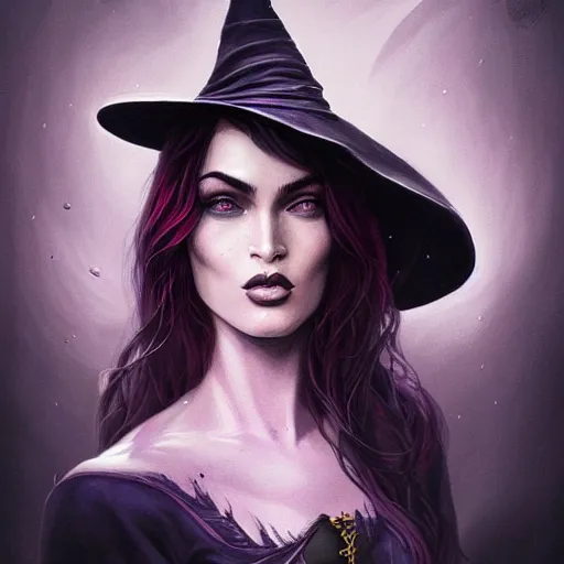 Image similar to an insanely detailed portrait of a beautiful witch that looks like megan fox with long dark purple hair, wearing black witch hat, in the style of peter mohrbacher, artgerm, dramatic lighting and composition, octane render, trending on artstation, concept art 8 k