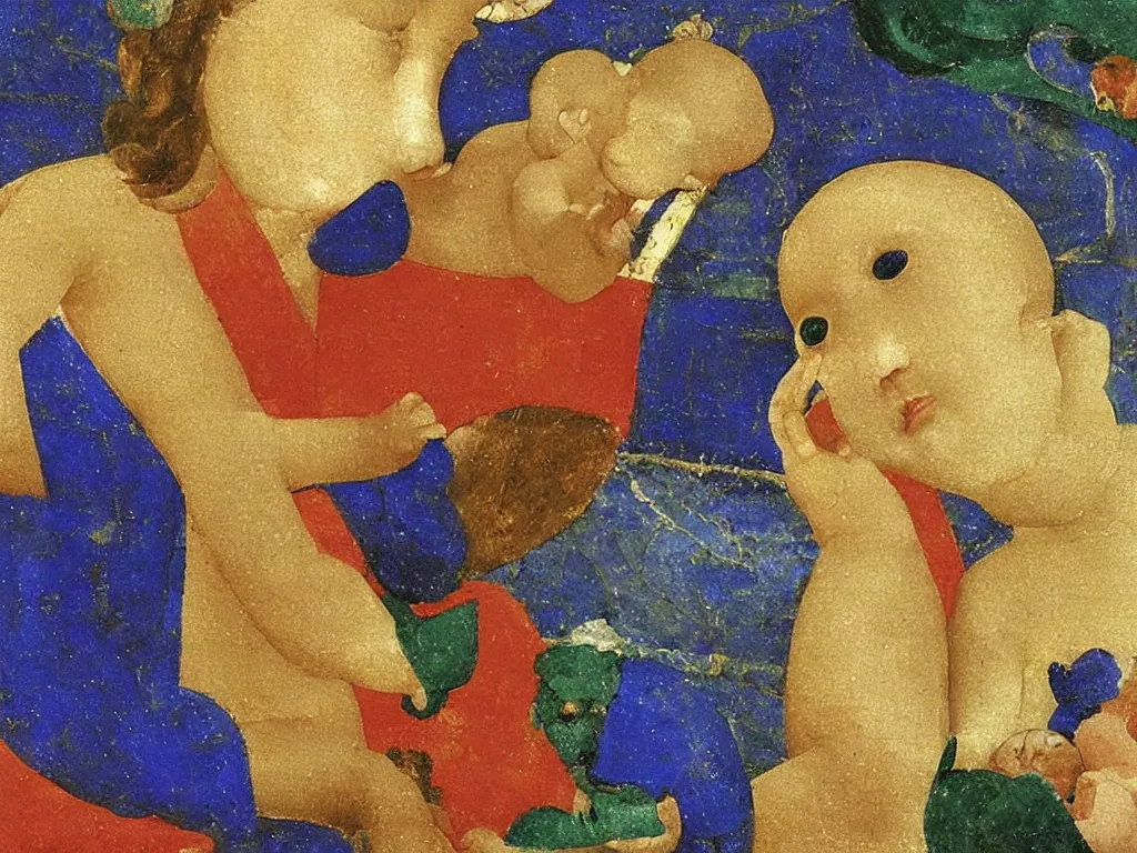 Image similar to close up of baby in a box. lapis lazuli, malachite, cinnabar, gold. painting by piero della francesca, balthus, agnes pelton