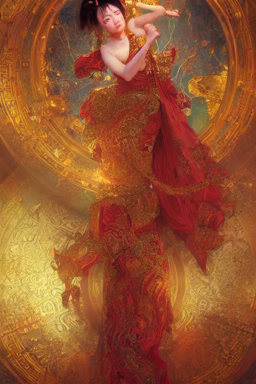 Image similar to tarot card artstation, portrait of an asian love dancer, sunrise, baroque ornamnet and rococo ornament, ancient chinese ornate, hyperdetailed, beautiful lighting, craig mullins, mucha, klimt, yoshitaka amano, red and gold and orange color palatte