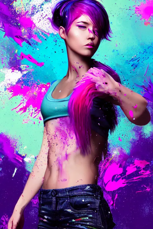 Image similar to a award winning half body porttrait of a beautiful woman in a croptop and cargo pants with ombre purple pink teal hairstyle with head in motion and hair flying, paint splashes, splatter, outrun, vaporware, shaded flat illustration, digital art, trending on artstation, highly detailed, fine detail, intricate