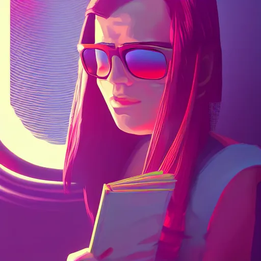 Image similar to a girl reading a book, her hair flowing down, cyberpunk art by by james gilleard, cgsociety, retrofuturism, synthwave, retrowave, outrun