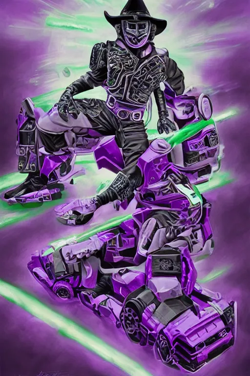 Image similar to portrait of cowboy johnny cash as purple green optimus prime power ranger from transformers surfing tonic stimulant fluids on air guitar zord UFO hoverboard, intricate, highly detailed, smooth, artstation, digital illustration by Lisa Frank and Ruan Jia and Mandy Jurgens and Artgerm and Wayne Barlowe and Greg Rutkowski and Zdislav Beksinski