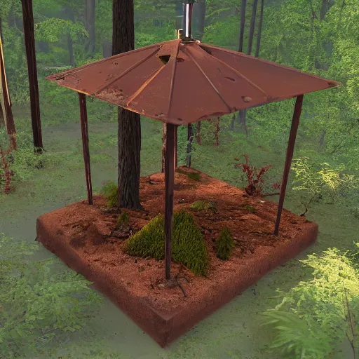 Prompt: rust base in a photorealistic forest, light fixtures, 8k, detailed