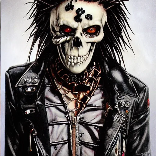 Prompt: a portrait of the grim reaper as a punk rocker playing an electric guitar, punk, skeleton face, mohawk, dark, fantasy, leather jackets, spiked collars, spiked wristbands, piercings, boots, ultrafine detailed painting by frank frazetta and vito acconci and michael whelan and takeshi obata, death note style, oil on canvas, symetric body