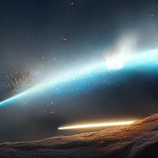 Image similar to Digital art of a meteorite containing an insect hive burning up in the atmosphere, by Jessica Rossier 4k prehistoric geology space hubble start nebula