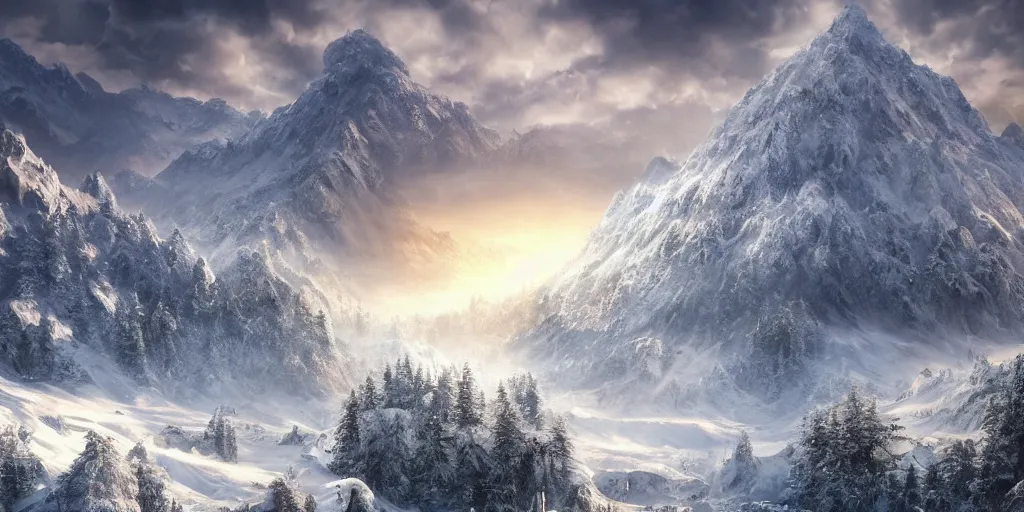 Image similar to a hyper realistic professional photographic view picture of a heavenly snow mountain, photographic filter unreal engine 5 realistic hyperdetailed 8k ultradetail cinematic concept art volumetric lighting, fantasy artwork, very beautiful scenery, very realistic painting effect, hd, hdr, cinematic 4k wallpaper, 8k, ultra detailed, high resolution, artstation trending on artstation in the style of Albert Dros glowing rich colors powerful imagery nasa footage drone footage drone photography