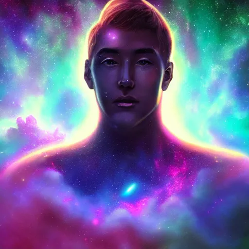 Image similar to photorealistic fantasy cosmic concept art of a cosmic god made out of nebulas and the cosmos hovering in a unknown galaxy, fully body portrait, cinematic, dynamic lighting, ultra detailed, creative, trending on art station, creative