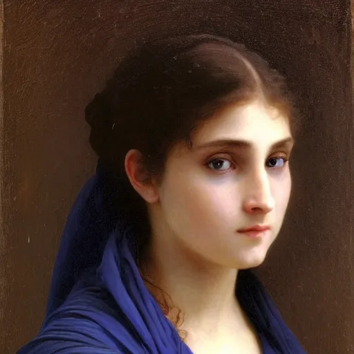 Image similar to A very detailed portrait of Alia Atreides, a girl with glowing blue eyes, wearing a black robe with a burnoose, by William-Adolphe Bouguereau