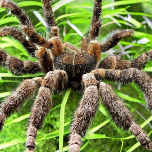 Prompt: Giant tarantula trailcam footage nightvision forest