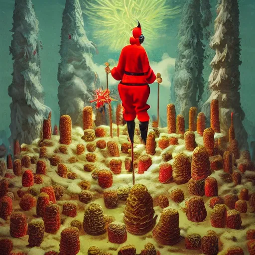 Image similar to illustrated portrait vogue designer Santa Claus Sacrificing the Elves to a Volcano God Altar made of pinecones and fire kenny scharf heinrich lefler giorgio de chirico marc simonetti greg rutkowski simon stalenhag anton semenov