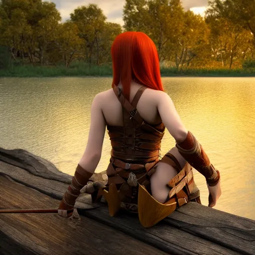 Prompt: beautiful female redhead elf warrior wearing tanned leather and a longbow and quiver on her back, sitting next to a beautiful lake at sunset, enjoying the wind, looking at the water. 8 k ultra realistic, award winning, unreal engine 5, masterpiece, atmosphere glow, hyperrealistic, focused, extreme details, cinematic